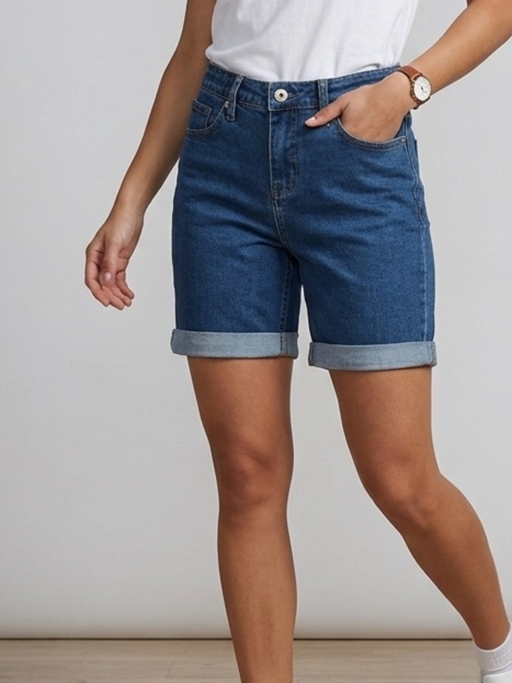 BP. Dark Blue Denim Roll-Cuff Denim Shorts